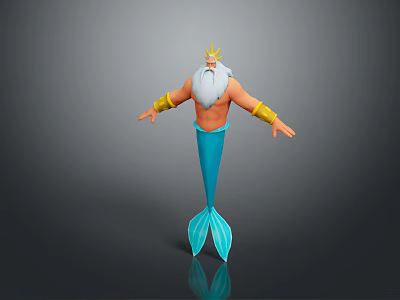 3D Merman Character Rendering With Golden Crown White Beard And Blue Tail 3d model