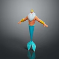 3D Merman Character Rendering With Golden Crown White Beard And Blue Tail