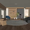 Modern Living Room With Wooden Bookshelves Blue Chair Black Sofa And Round Coffee Table