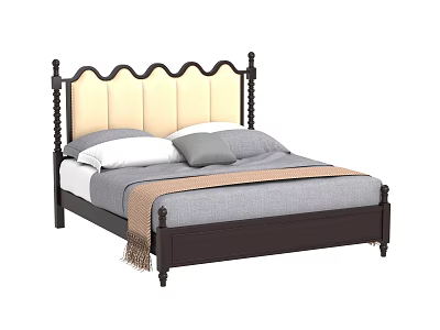 Double Bed with Dark Wooden Frame Scalloped Beige Upholstered Headboard Gray White Pillows Brown Blanket 3d model