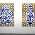 Blue And White Vase Pattern Wall Decor With Gold Circular Elements On White Wall 3d model