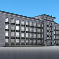 Modern Office Building With Symmetrical Facade Multiple Windows Front Entrance And Parking Area