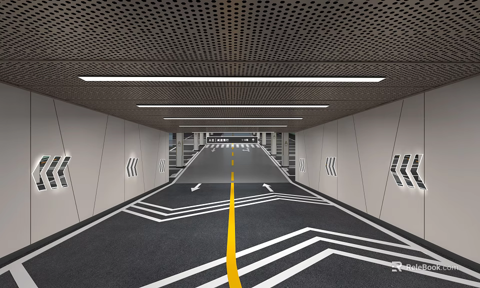 Modern Basement With Ceiling Lights Floor Markings And Wall Signs 3d model