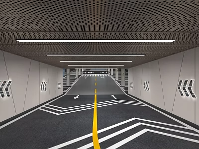 Modern Basement With Ceiling Lights Floor Markings And Wall Signs 3d model