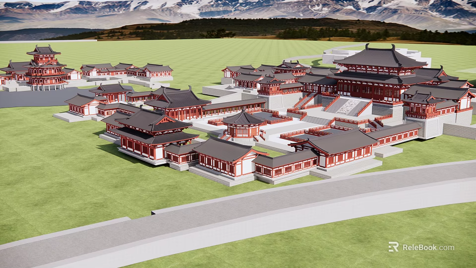 Ancient Chinese Architecture with Traditional Roofs Red Walls and Surrounding Green Grassland Against Distant Mountains 3d model 