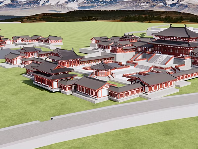 Ancient Chinese Architecture with Traditional Roofs Red Walls and Surrounding Green Grassland Against Distant Mountains 3d model