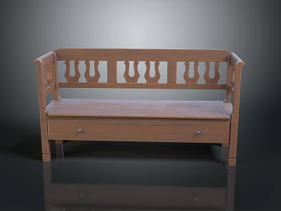 Light Brown Wooden Bench With Carved Backrest And Storage Drawer On Dark Background With Reflection 3d model