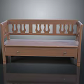 Light Brown Wooden Bench With Carved Backrest And Storage Drawer On Dark Background With Reflection