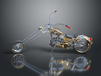 Stylish Gold Chrome Motorcycle Featuring Long Front Fork Black Seat Red Handlebars 3d model