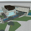 Modern Office Building With Stone Facade Large Windows Balcony And Lush Lawn Trees