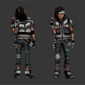 Two 3D Character Models In Torn Armor With Gear From Front And Back Angles
