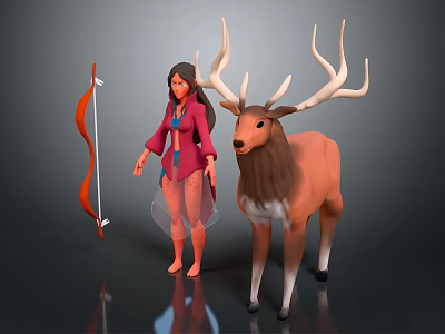Red Haired Female Character In Red Coat With Large Antlered Brown Deer And Red Bow 3d model