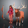 Red Haired Female Character In Red Coat With Large Antlered Brown Deer And Red Bow