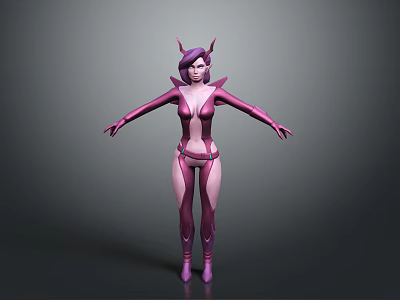 A Woman In Purple Bodysuit With Horns Standing Arms Outstretched On Dark Background 3d model