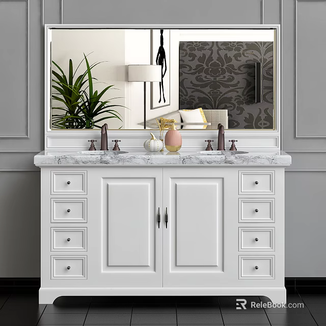 Stylish Double Sink Washbasin Vanity With Marble Countertop White Cabinet Large Mirror And Plants 3d model 