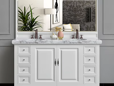 Stylish Double Sink Washbasin Vanity With Marble Countertop White Cabinet Large Mirror And Plants 3d model