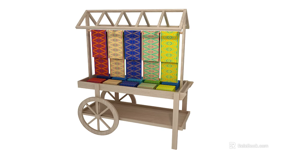 Wooden Display Cart With Colorful Fabric Rolls And Shelves On Wheels 3d model 