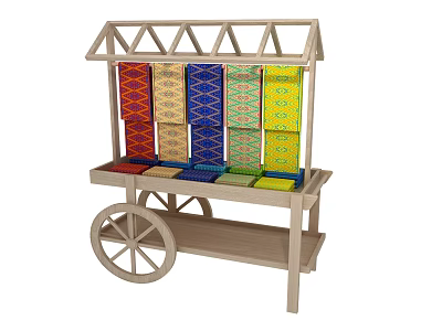 Wooden Display Cart With Colorful Fabric Rolls And Shelves On Wheels 3d model