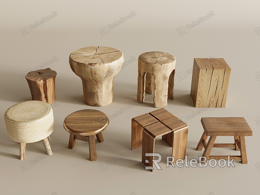 Solid Wood Wood Pier Log Stool Wooden Pier Side Table Coffee Table Stump Root Carving Rattan Stool model