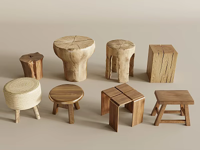 Solid Wood Pier Log Stool Wooden Pier Side Table Coffee Table Stump Root Carving Rattan Stool 3d model