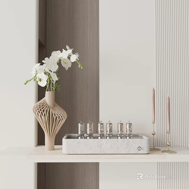 Decorative Ornament Set With Woven Vase White Orchids Marble Tray Mini Bottles And Gold Candles 3d model 