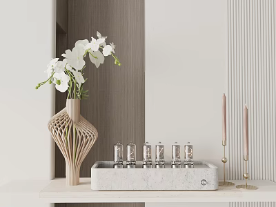 Decorative Ornament Set With Woven Vase White Orchids Marble Tray Mini Bottles And Gold Candles 3d model