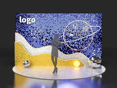 Stylish Photo Check In Spot With Blue Background Golden Waves Silver Decorations And Disco Balls 3d model