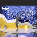 Stylish Photo Check In Spot With Blue Background Golden Waves Silver Decorations And Disco Balls