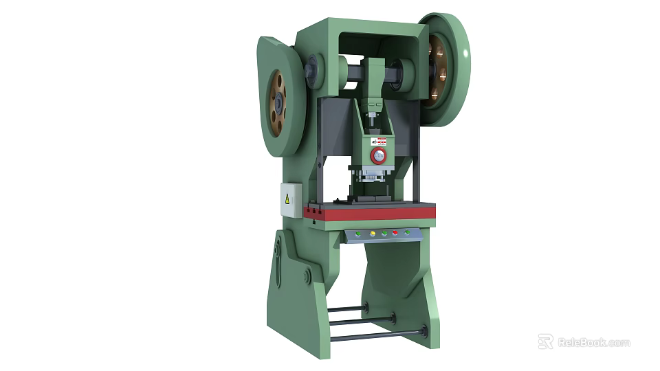 Vertical Green Industrial Mechanical Press Machine Featuring Two Large Flywheels And Red Workbench 3d model