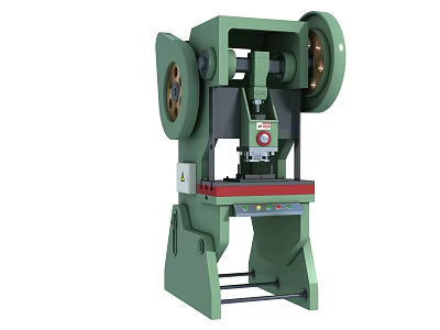 Vertical Green Industrial Mechanical Press Machine Featuring Two Large Flywheels And Red Workbench 3d model