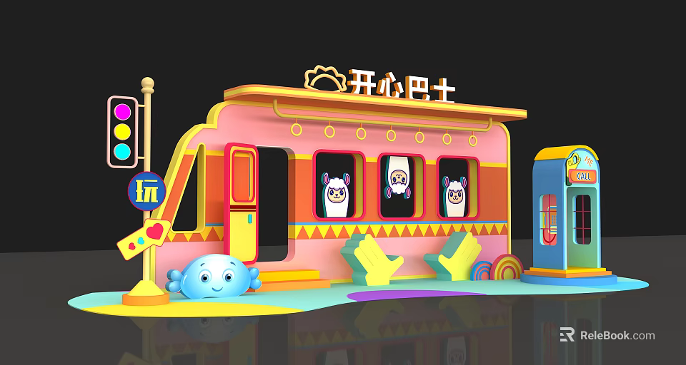 Vibrant Pink Happy Bus With Cute Characters And Playful Traffic Elements 3d model 