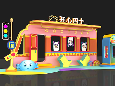 Vibrant Pink Happy Bus With Cute Characters And Playful Traffic Elements 3d model
