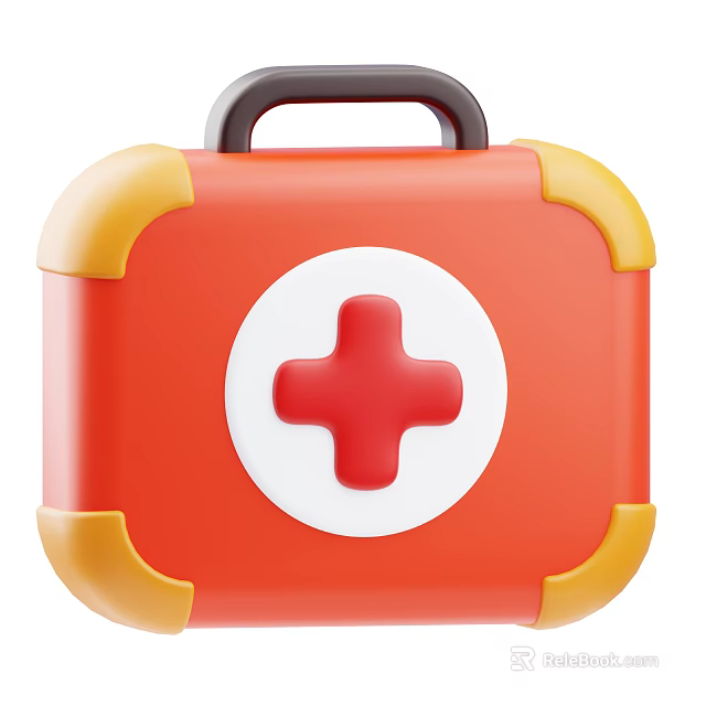 Red First Aid Kit Medical Device With White Cross Yellow Corners And Black Handle 3d model 