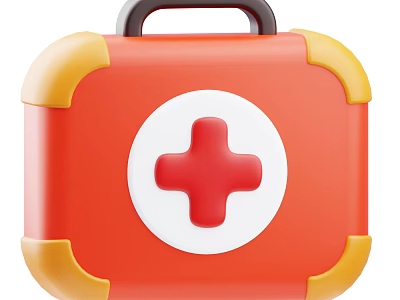 Red First Aid Kit Medical Device With White Cross Yellow Corners And Black Handle 3d model
