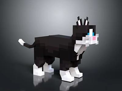 Pixel Art Black And White Cat With Blue Eyes And Pink Nose 3d model