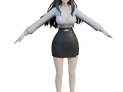 3D Model Woman With Long Black Hair Wearing White Shirt Black Skirt Arms Outstretched 3d model
