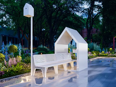 White Landscape Bench With Roofed Structure In Garden With Green Plants And Trees 3d model