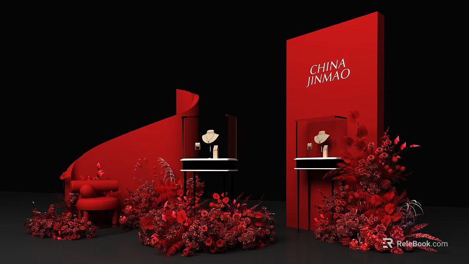 China Jinmao Red Themed Photo Check In Spot With Display Cabinets Floral Decorations And Sofa 3d model 