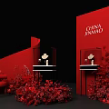 China Jinmao Red Themed Photo Check In Spot With Display Cabinets Floral Decorations And Sofa
