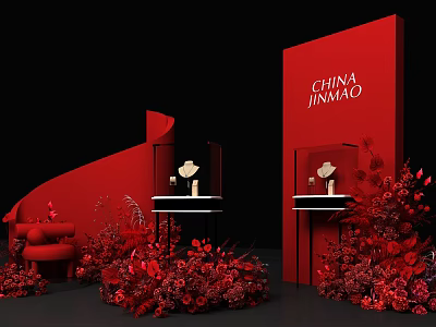 China Jinmao Red Themed Photo Check In Spot With Display Cabinets Floral Decorations And Sofa 3d model