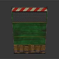 Green Construction Barrier Featuring Red White Striped Top Mesh Panel And Wooden Base