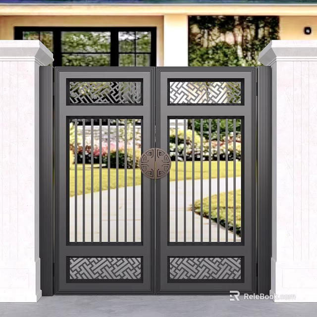 Elegant Black Metal Gate With Ornate Patterns And White Pillars Surrounding Green Lawn 3d model 