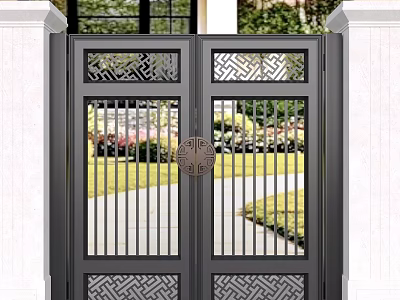 Elegant Black Metal Gate With Ornate Patterns And White Pillars Surrounding Green Lawn 3d model