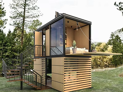 Modern Wooden Cabin with Large Glass Windows Surrounded by Trees Staircase to Terrace with Plants 3d model