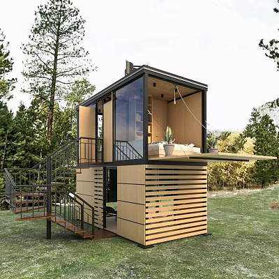 Modern Wooden Cabin with Large Glass Windows Surrounded by Trees Staircase to Terrace with Plants 3d model