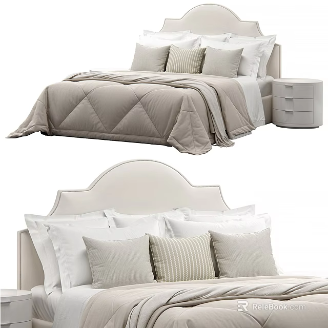 Elegant Modern Double Bed Interior With Soft Upholstered Headboard Striped Pillows And Nightstand 3d model 