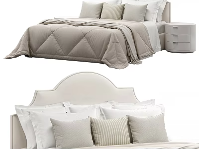 Elegant Modern Double Bed Interior With Soft Upholstered Headboard Striped Pillows And Nightstand 3d model