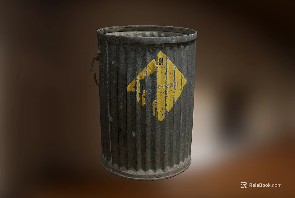 Public Facility Metal Trash Can With Ribbed Design And Yellow Diamond Sign Featuring Number 9 3d model 