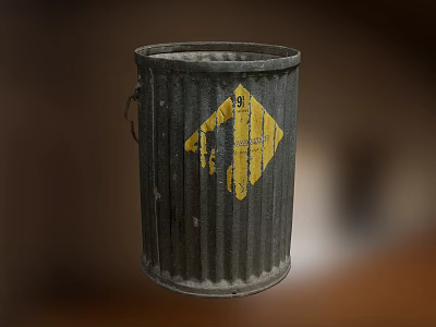 Public Facility Metal Trash Can With Ribbed Design And Yellow Diamond Sign Featuring Number 9 3d model
