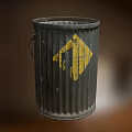 Public Facility Metal Trash Can With Ribbed Design And Yellow Diamond Sign Featuring Number 9